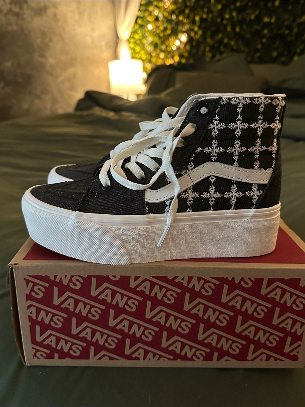 Vans Women’s Black & White High-Top Platform Sneakers with Embroidered Pattern